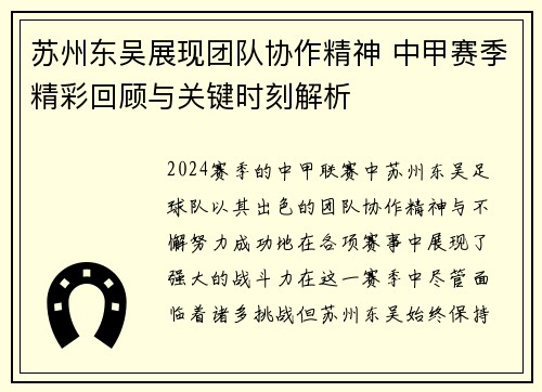 苏州东吴展现团队协作精神 中甲赛季精彩回顾与关键时刻解析