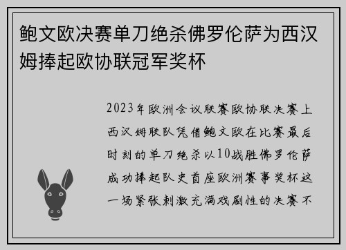 鲍文欧决赛单刀绝杀佛罗伦萨为西汉姆捧起欧协联冠军奖杯